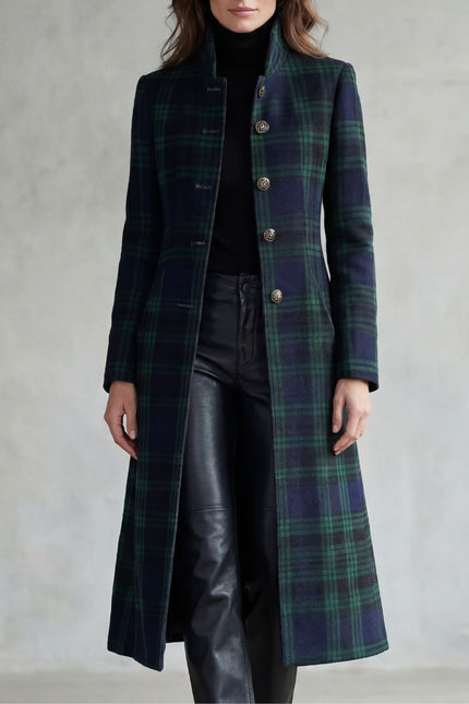 Women's Longline Winter Coat in Tartan with High Collar