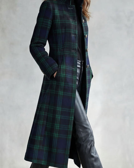 Women's Longline Winter Coat in Tartan with High Collar