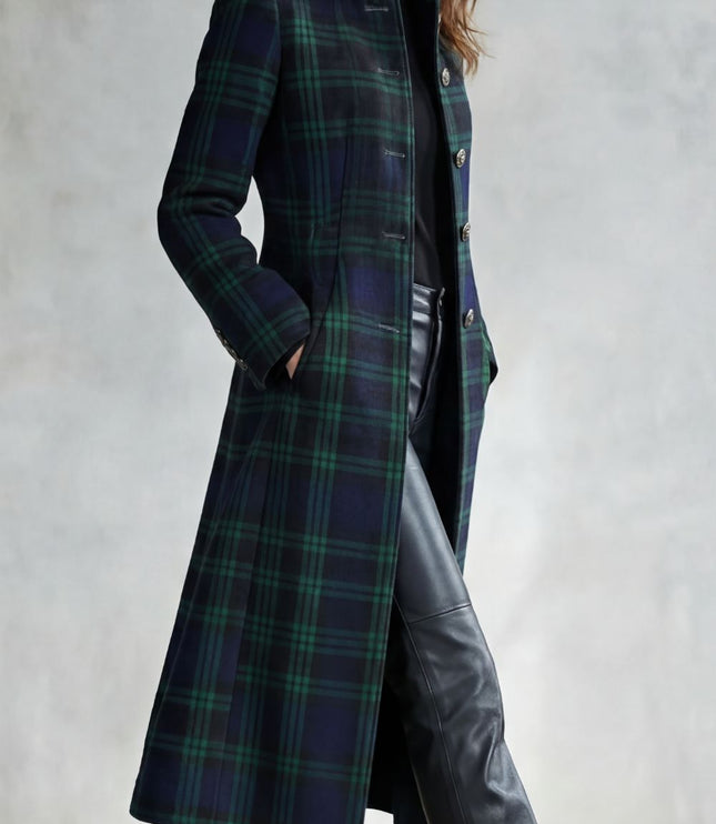 Women's Longline Winter Coat in Tartan with High Collar