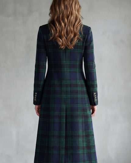 Women's Longline Winter Coat in Tartan with High Collar