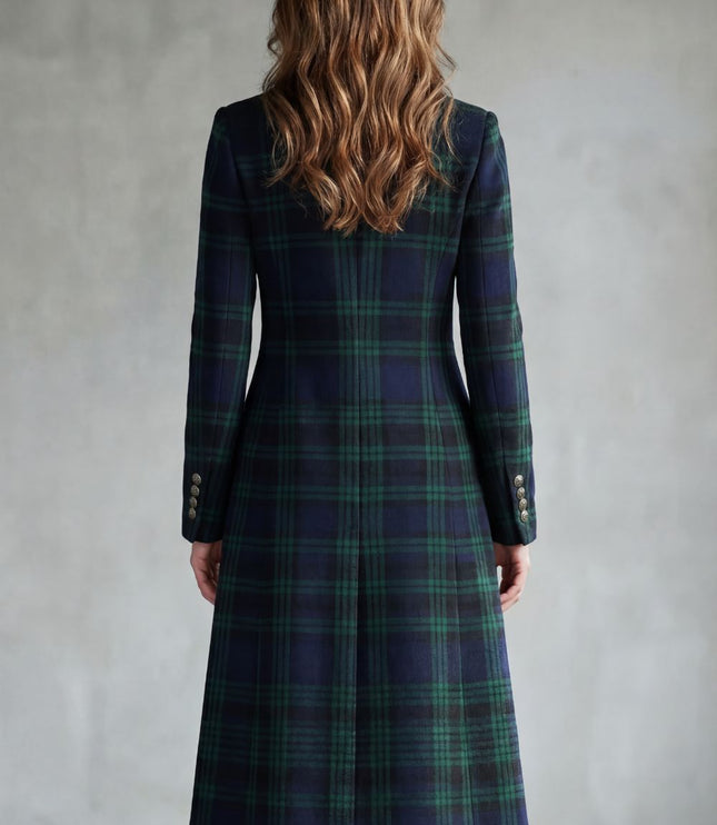 Women's Longline Winter Coat in Tartan with High Collar
