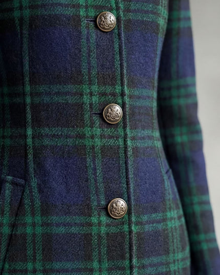 Women's Longline Winter Coat in Tartan with High Collar
