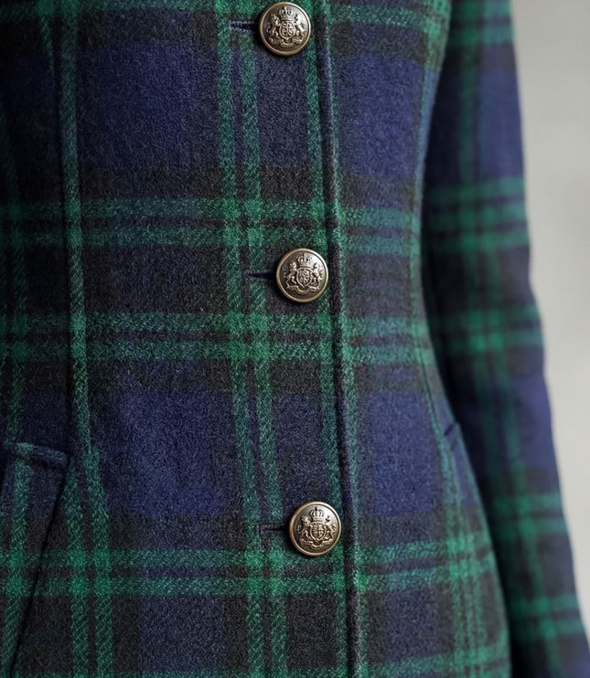 Women's Longline Winter Coat in Tartan with High Collar