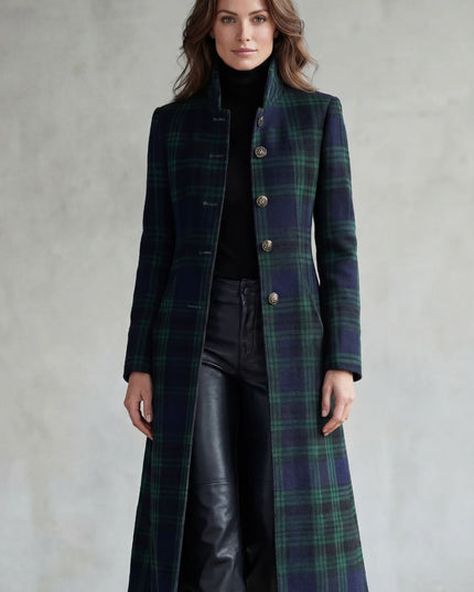 Women's Longline Winter Coat in Tartan with High Collar
