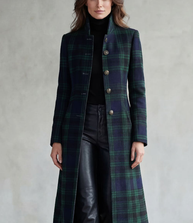 Women's Longline Winter Coat in Tartan with High Collar