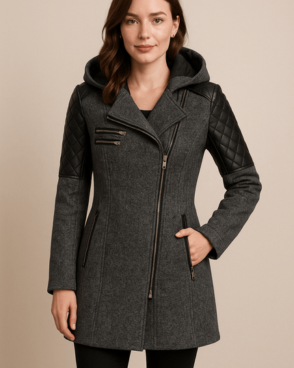Women's Longline Winter Coat with Quilted Sleeve Panels