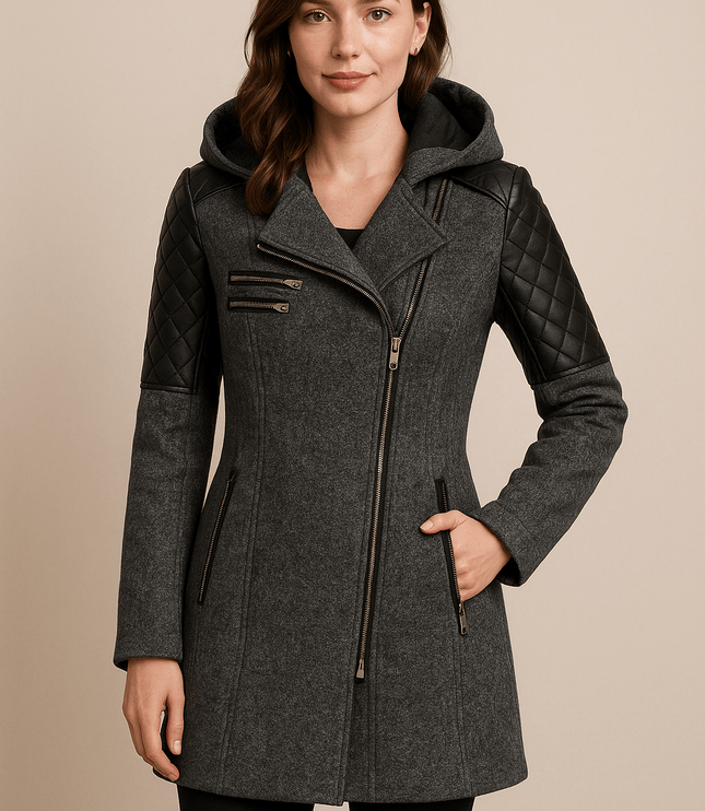 Women's Longline Winter Coat with Quilted Sleeve Panels