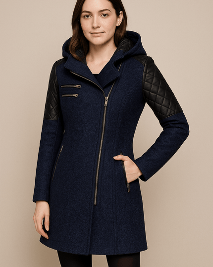 Women's Longline Winter Coat with Quilted Sleeve Panels