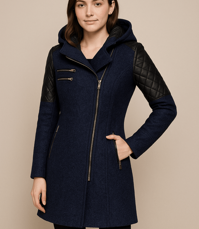 Women's Longline Winter Coat with Quilted Sleeve Panels