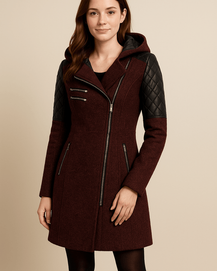 Women's Longline Winter Coat with Quilted Sleeve Panels