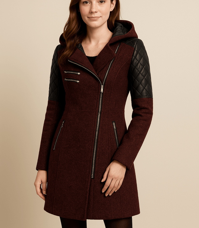 Women's Longline Winter Coat with Quilted Sleeve Panels