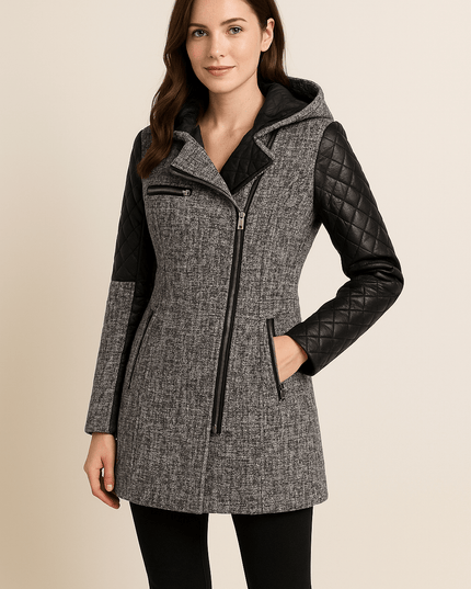 Women's Longline Winter Coat with Quilted Sleeve Panels