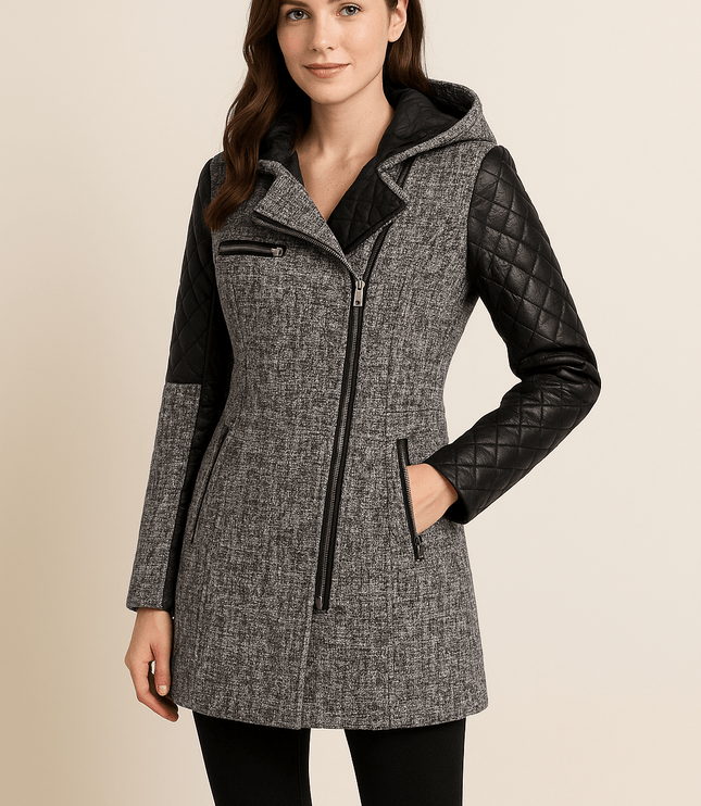 Women's Longline Winter Coat with Quilted Sleeve Panels