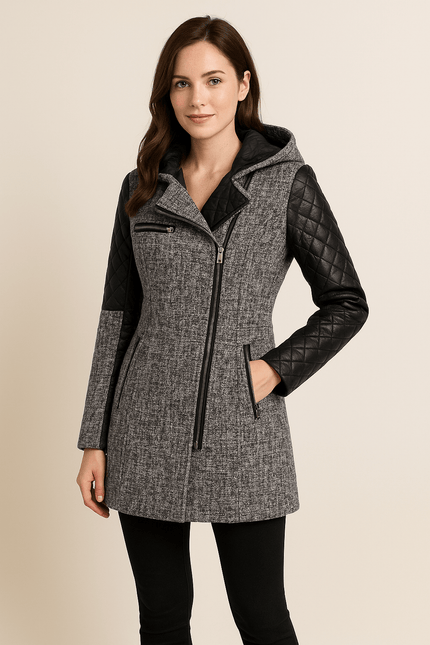 Women's Longline Winter Coat with Quilted Sleeve Panels