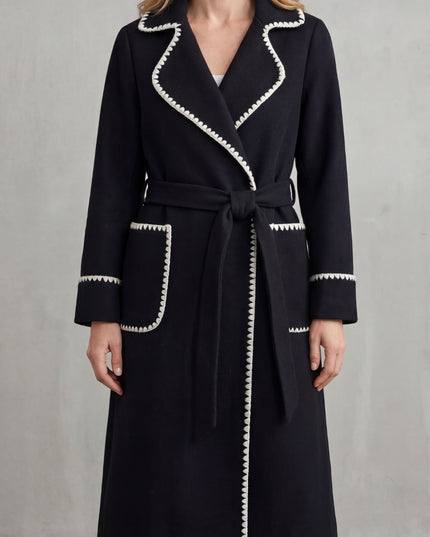 Women's Longline Winter Coat with Wrap Front and Contrast Trim