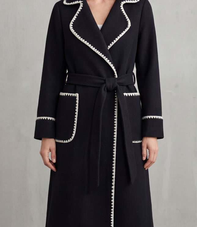 Women's Longline Winter Coat with Wrap Front and Contrast Trim