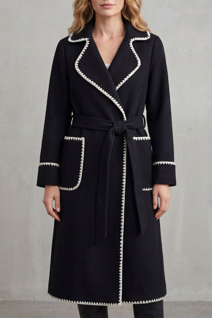 Women's Longline Winter Coat with Wrap Front and Contrast Trim
