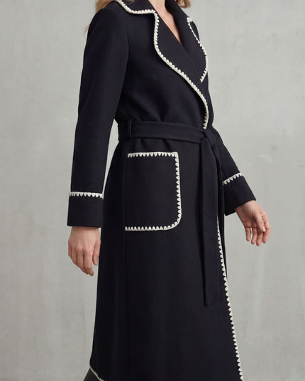 Women's Longline Winter Coat with Wrap Front and Contrast Trim