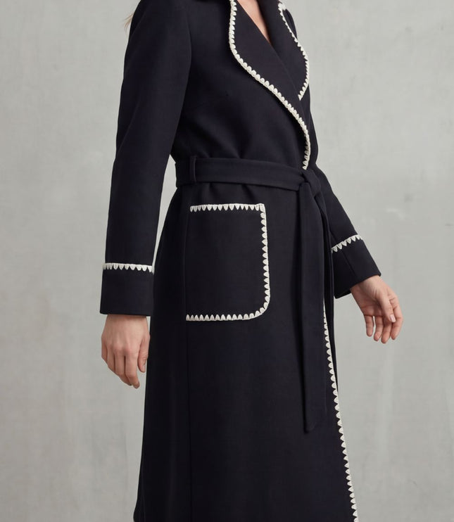 Women's Longline Winter Coat with Wrap Front and Contrast Trim