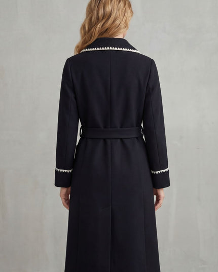 Women's Longline Winter Coat with Wrap Front and Contrast Trim