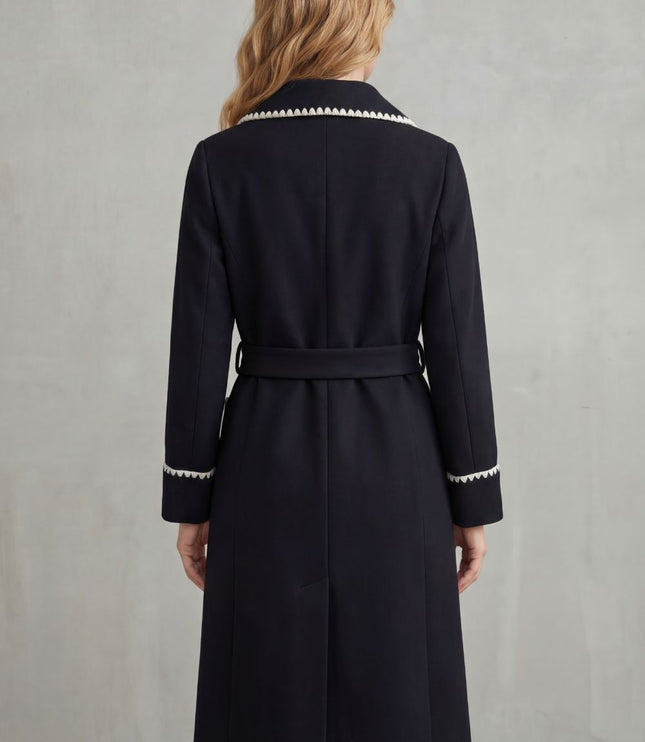 Women's Longline Winter Coat with Wrap Front and Contrast Trim
