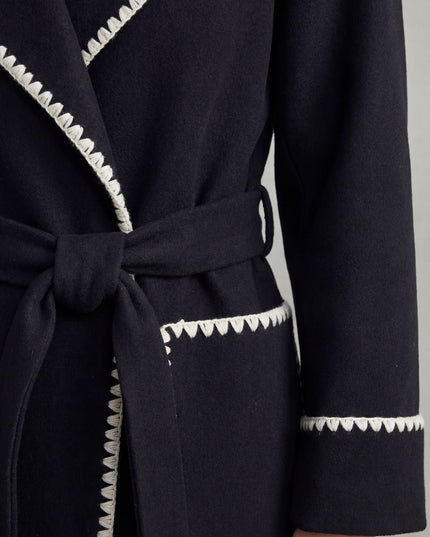 Women's Longline Winter Coat with Wrap Front and Contrast Trim