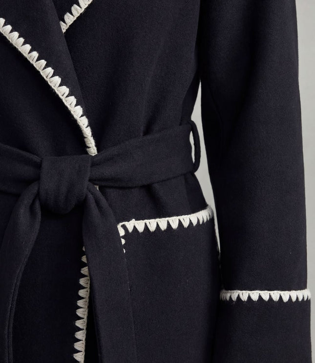 Women's Longline Winter Coat with Wrap Front and Contrast Trim