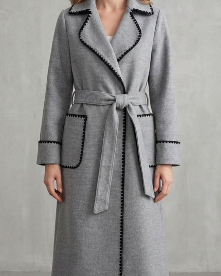 Women's Longline Winter Coat with Wrap Front and Contrast Trim