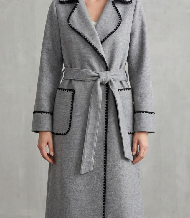 Women's Longline Winter Coat with Wrap Front and Contrast Trim