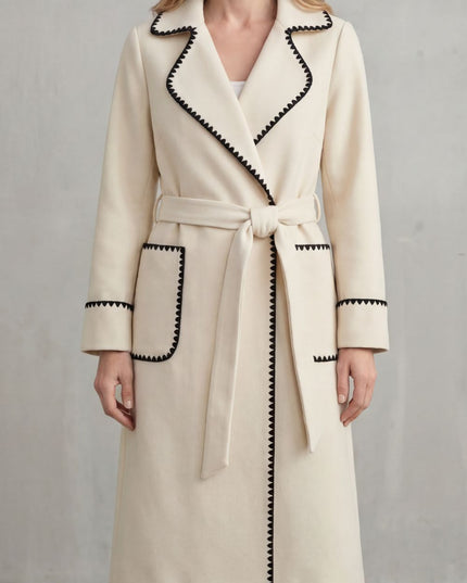 Women's Longline Winter Coat with Wrap Front and Contrast Trim