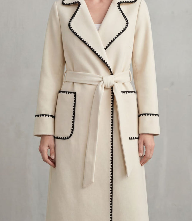 Women's Longline Winter Coat with Wrap Front and Contrast Trim