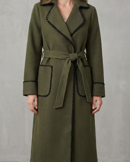 Women's Longline Winter Coat with Wrap Front and Contrast Trim