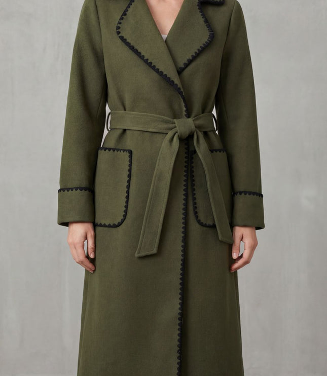 Women's Longline Winter Coat with Wrap Front and Contrast Trim