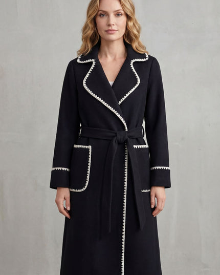 Women's Longline Winter Coat with Wrap Front and Contrast Trim