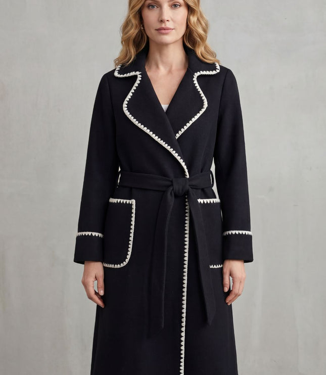 Women's Longline Winter Coat with Wrap Front and Contrast Trim
