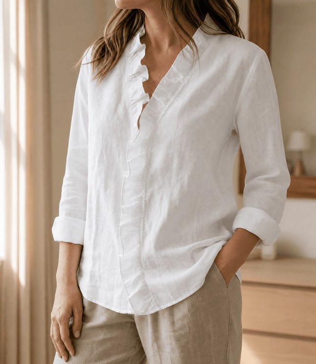 Women's Loose Long Sleeve Ruffle-Trim V-Neck Blouse