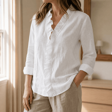 Women's Loose Long Sleeve Ruffle-Trim V-Neck Blouse