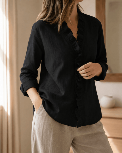 Women's Loose Long Sleeve Ruffle-Trim V-Neck Blouse
