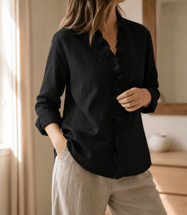 Women's Loose Long Sleeve Ruffle-Trim V-Neck Blouse