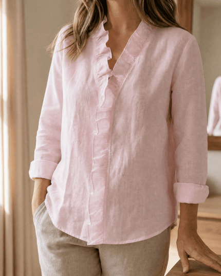 Women's Loose Long Sleeve Ruffle-Trim V-Neck Blouse