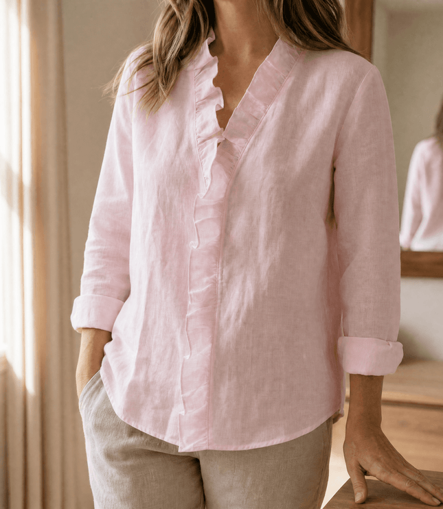 Women's Loose Long Sleeve Ruffle-Trim V-Neck Blouse