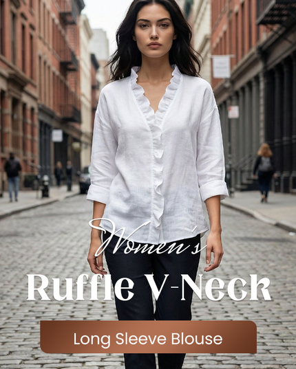 Women's Loose Long Sleeve Ruffle-Trim V-Neck Blouse