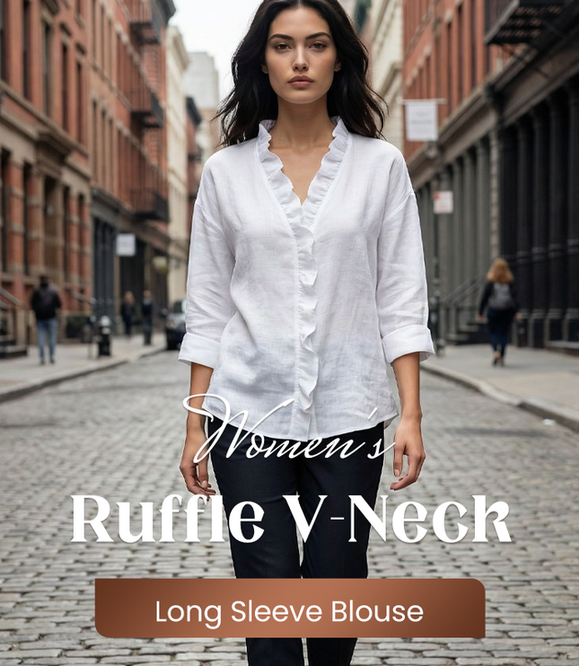 Women's Loose Long Sleeve Ruffle-Trim V-Neck Blouse