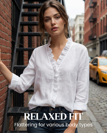 Women's Loose Long Sleeve Ruffle-Trim V-Neck Blouse