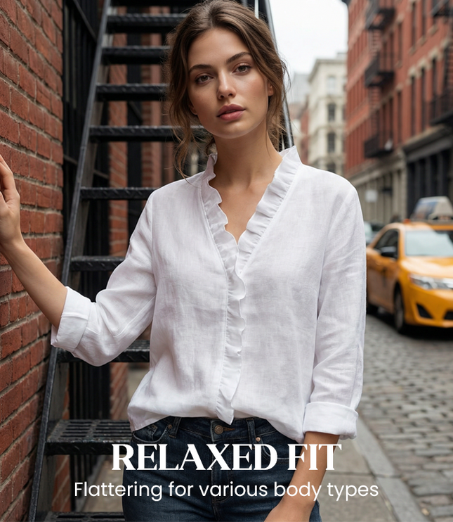 Women's Loose Long Sleeve Ruffle-Trim V-Neck Blouse