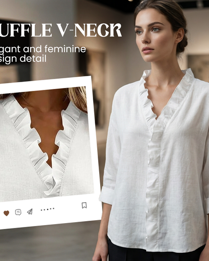 Women's Loose Long Sleeve Ruffle-Trim V-Neck Blouse