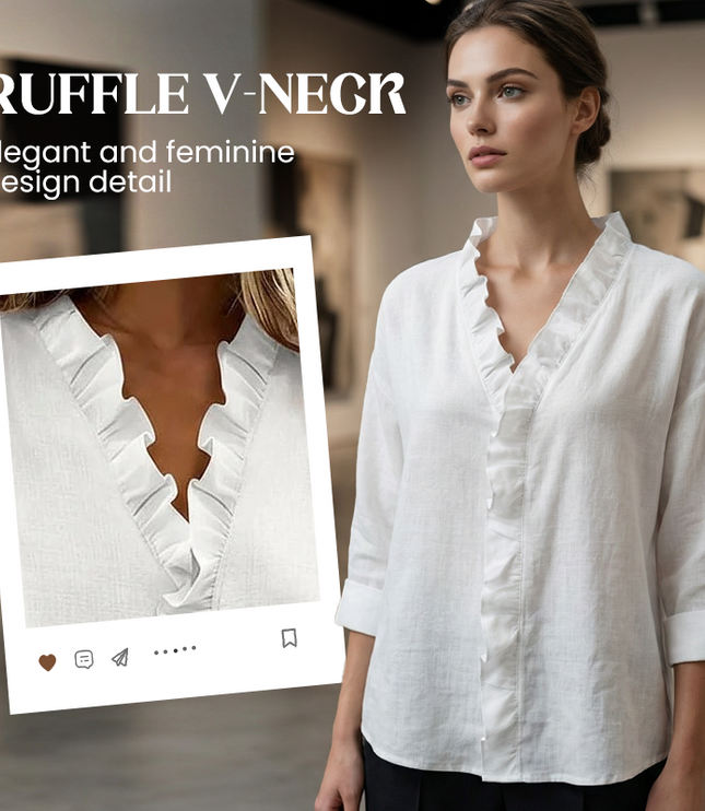 Women's Loose Long Sleeve Ruffle-Trim V-Neck Blouse