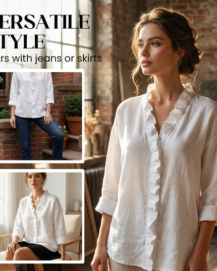 Women's Loose Long Sleeve Ruffle-Trim V-Neck Blouse
