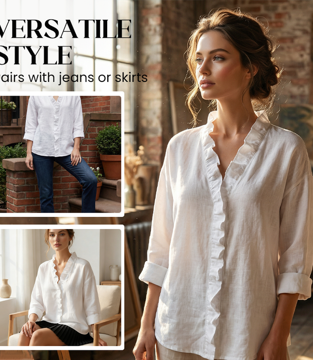 Women's Loose Long Sleeve Ruffle-Trim V-Neck Blouse