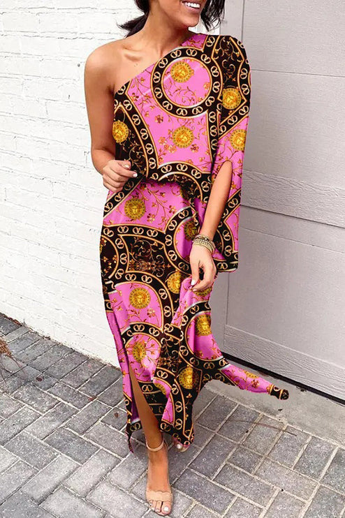 Women's Maxi Cocktail Dress with One Shoulder Neckline